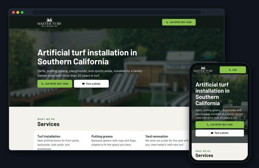 Master Turf website on a laptop and a phone