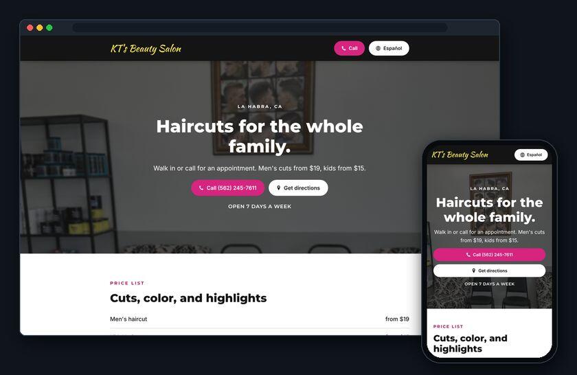 KT's Beauty Salon website on a laptop and a phone